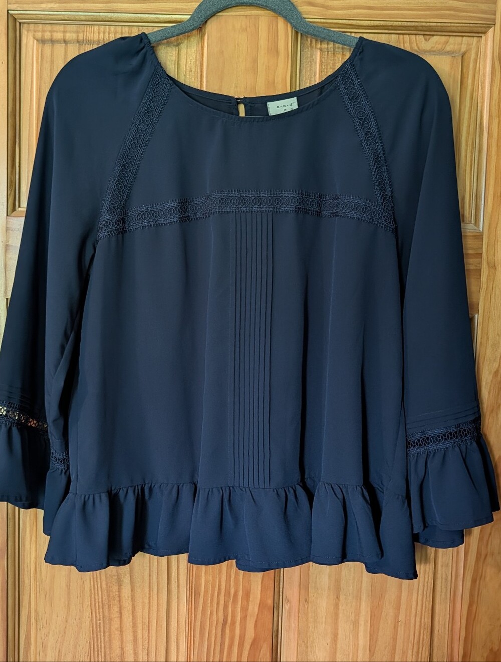 Navy Blue Crochet Trim Blouse Ruffle Hem Pintuck Pleat Top Women's Medium